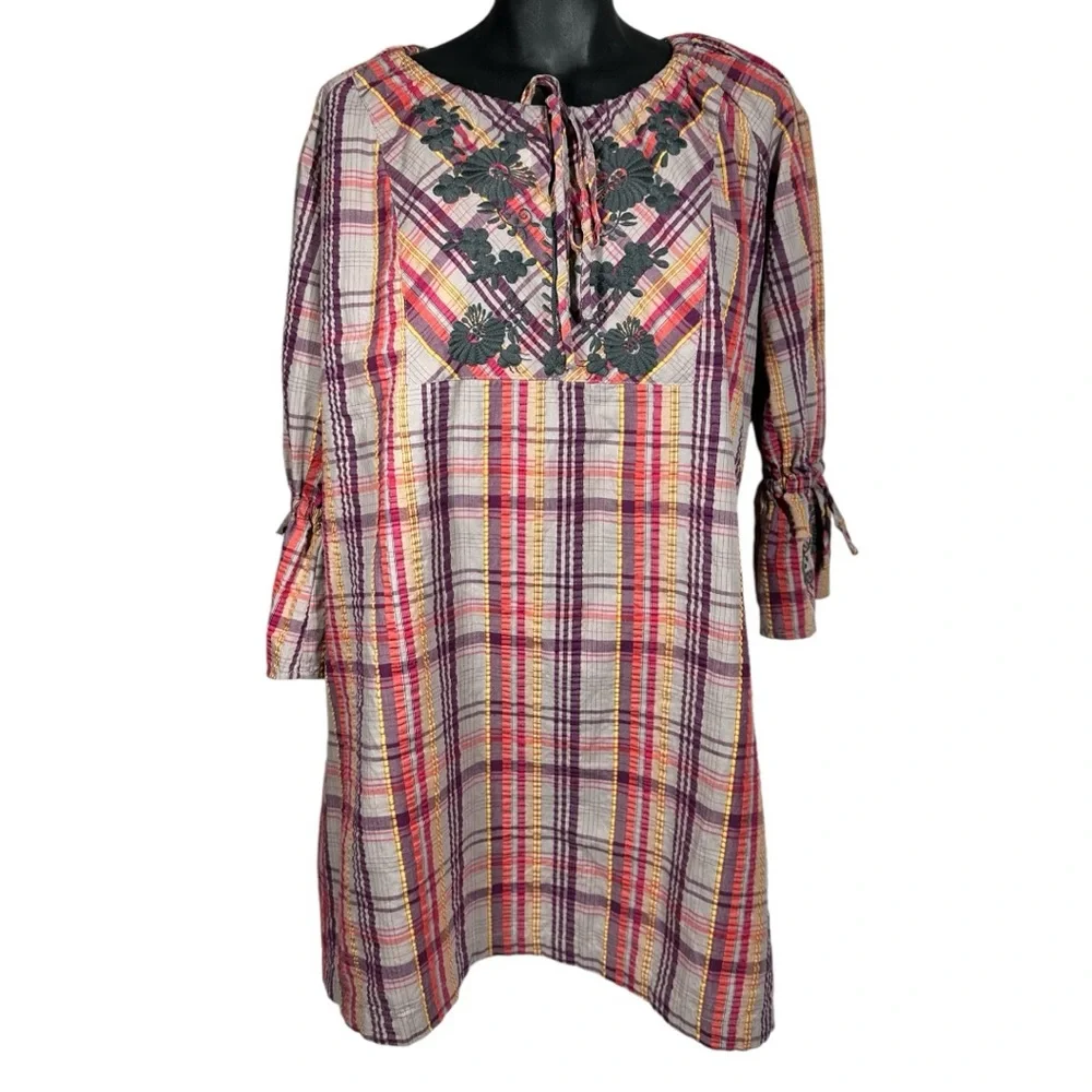 Ivy Jane Plaid Tunic / Dress Size Large 324112 Embroidered 3/4 Bell Sleeves - Picture 2 of 10